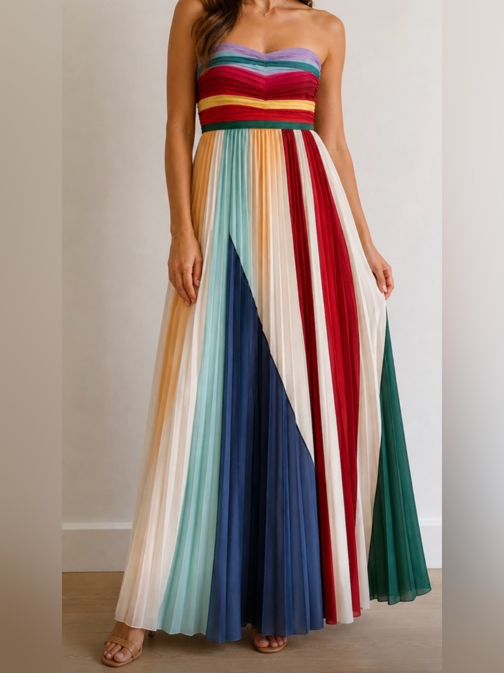 Strapless Summer Dress - Multicolor Pleated